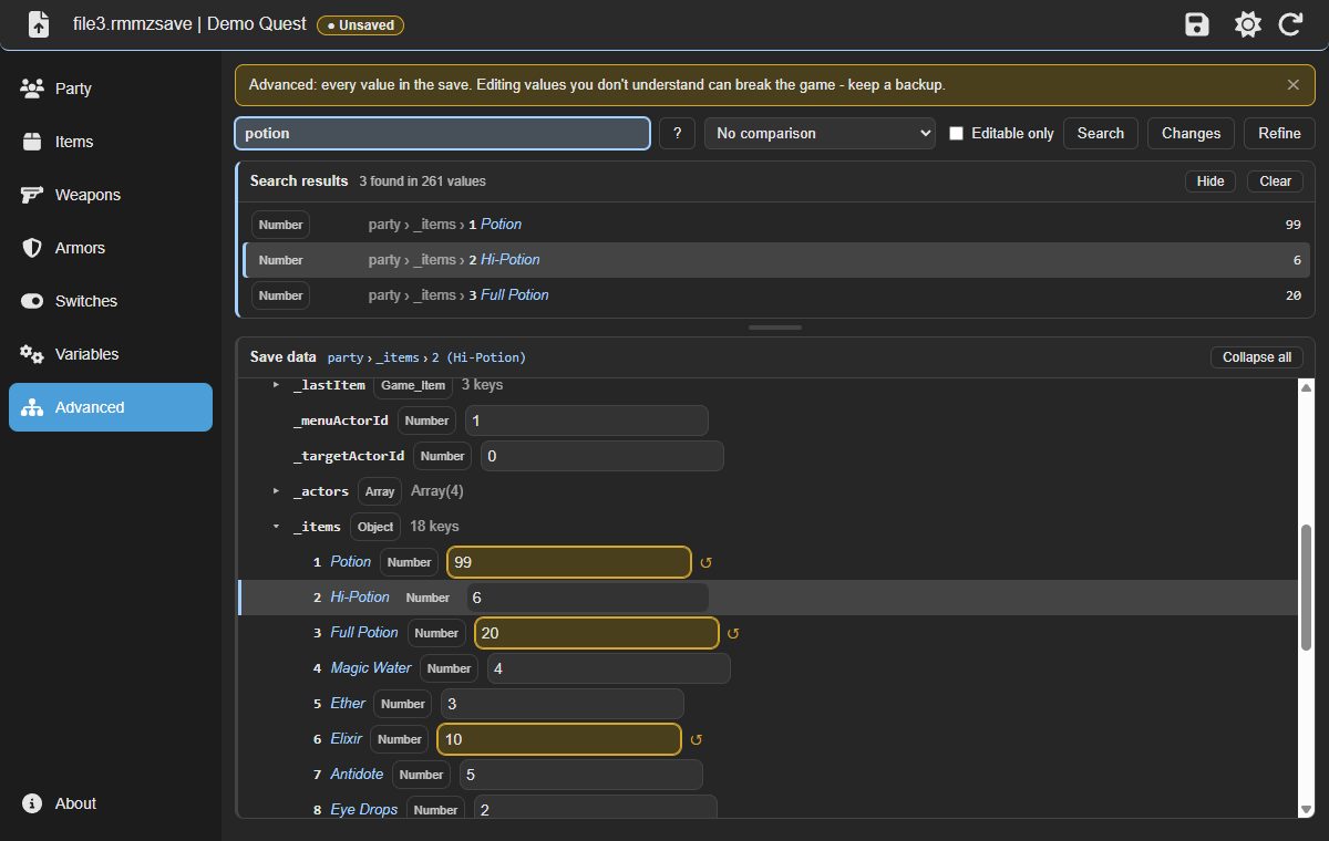 Advanced tab in dark mode: searching every value in the save by item name