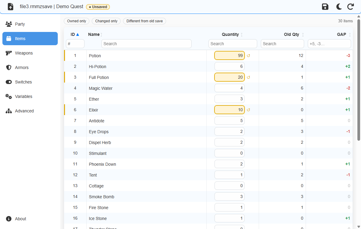 RPG Save Editor editing item quantities in an RPG Maker MZ save, with old-save and gap columns
